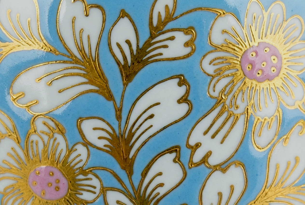 CK007 ChaKri inside Pink on Light Blue pattern by handcrafted 18K gold Bencharong luxury memorial art urns by UniqueUrn