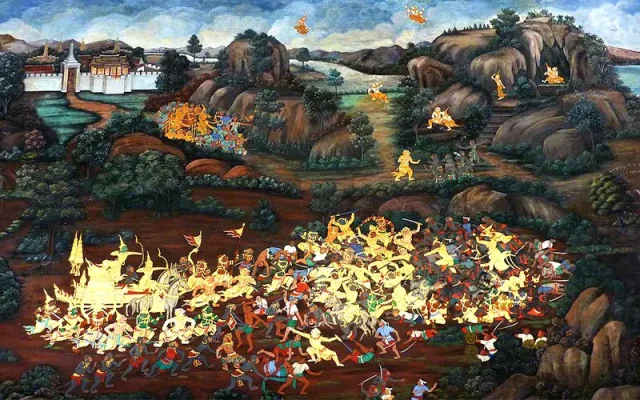 The mural art painting of the Ramakian story at Wat Phra Kaew