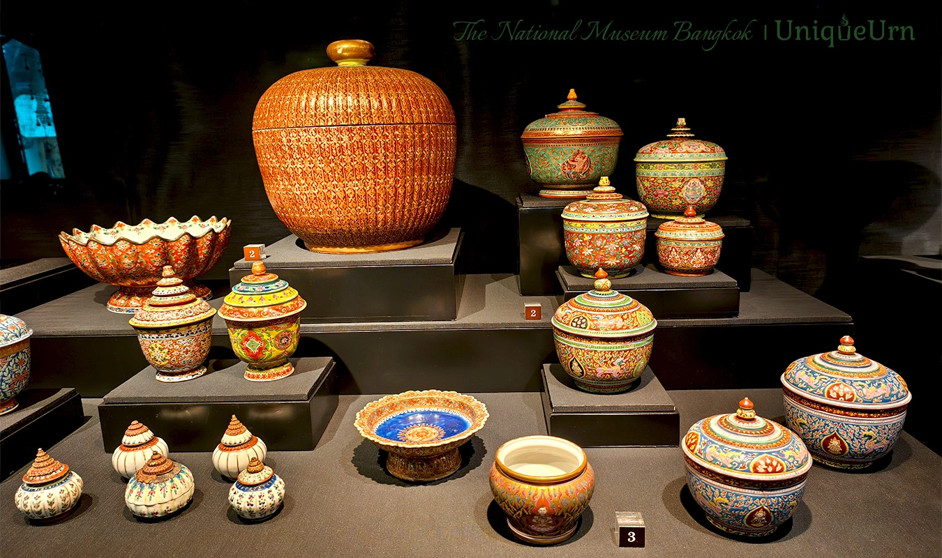 Antique Bencharong Art Urns display at the National Museum, Bangkok, photo by UniqueUrn