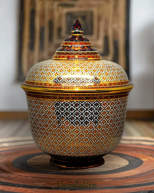 The Gold and white handcrafted Bencharong companion Urns for ashes in Prayakru shape by UniqueUrn