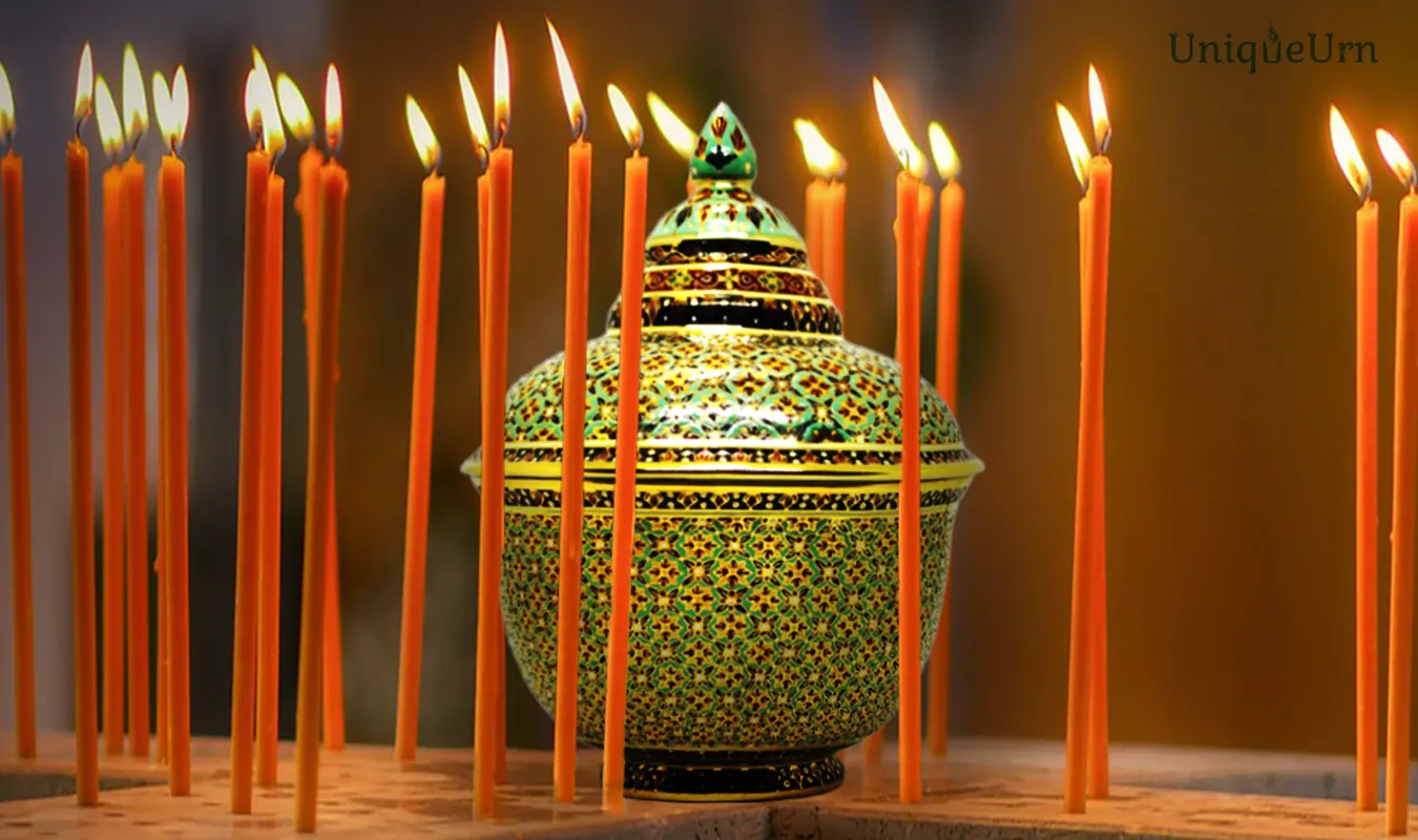 Thoprayakru shapes UniqueUrn handcrafted porcelain memorial urns with intricate hand-painted designs, serving as a Spacetime Anchor and spiritual connections.