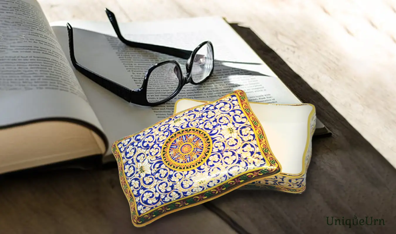 Artistic memorial keepsake box urn by UniqueUrn placed in a peaceful home sanctuary, symbolizing the eternal presence and continuing bonds through artisan craftsmanship.