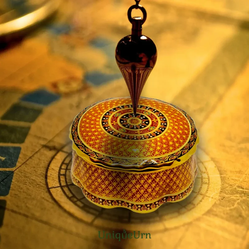UniqueUrn handcrafted porcelain memorial keepsake urn with intricate hand-painted designs, serving as a Spacetime Anchor and spiritual connection.