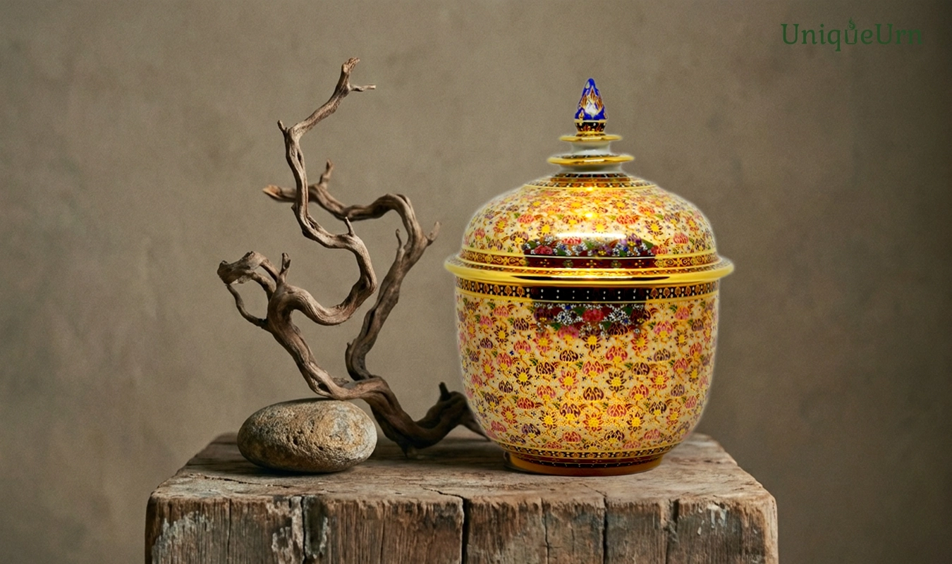 In the AI Slop world, handcrafted Thochan Bencharong art adult urns from UniqueUrn still embody the Wabi-Sabi philosophy, honoring the human spirit with authentic, soulful artistry. Aura and Mindful Craft: Beauty Machines Cannot Replicate Artist Walter Benjamin famously described the Aura of a masterpiece as its unique existence in time and space. While AI relies on the average of massive data, true craftsmanship is a spiritual journey. As Richard Sennett affirms, "the hand is the window to the mind". When artisans meticulously apply color and gold lines to a hand-painted object, they are not just decorating. They are breathing life into the object. This slow, intentional process creates museum-quality memorials that carry a weight and presence no machine can simulate.