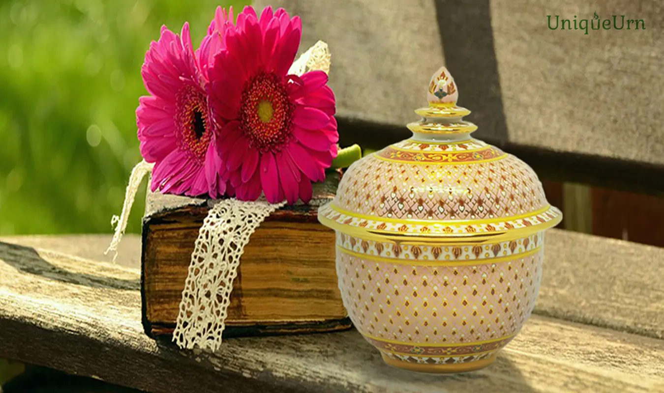 Thochan handmade pink Bencharong keepsake urn art as a Visual Anchor for Mindfulness and Grief Healing