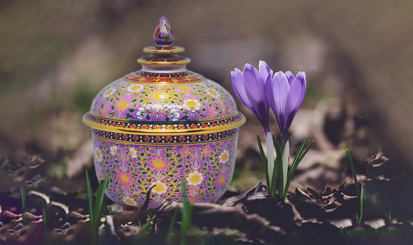 Thochan handcrafted a purple Bencharong art urn for ashes as a Visual Anchor for Mindfulness and Grief Healing