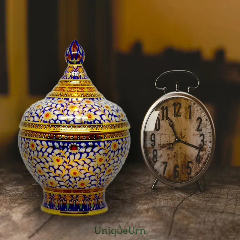 Thomakruk handmade blue Bencharong art urn for ashes as a Visual Anchor for Mindfulness and Grief Healing