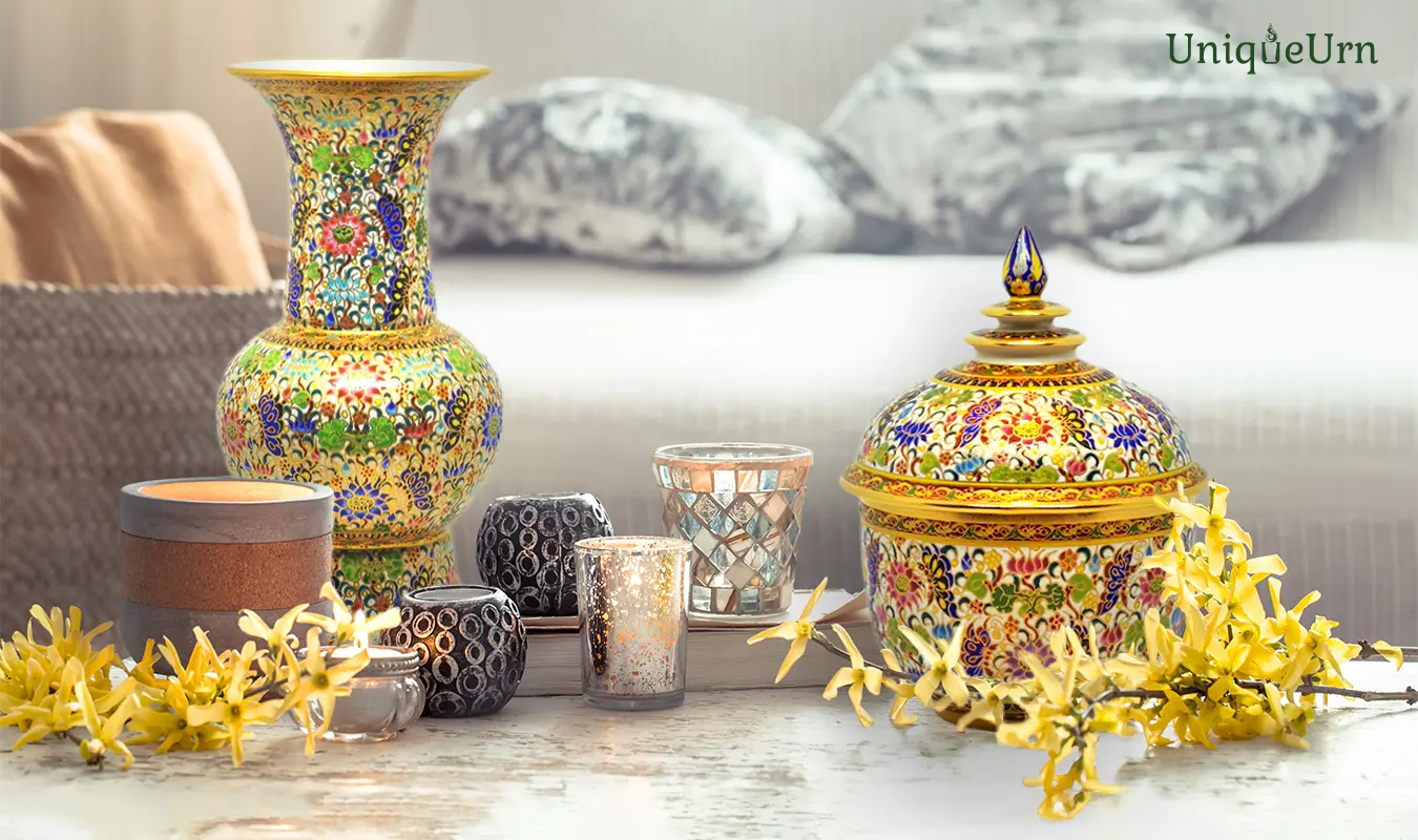 Lotus and butterflies design on handcrafted Bencharong urn and vase for memorial art from UniqueUrn