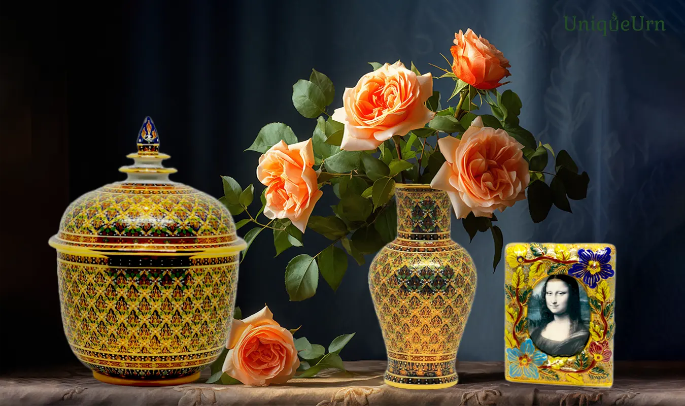 A dignified memorial corner featuring a UniqueUrn Bencharong memorial art and a vase of flowers, preserving eternal family bonds at home.