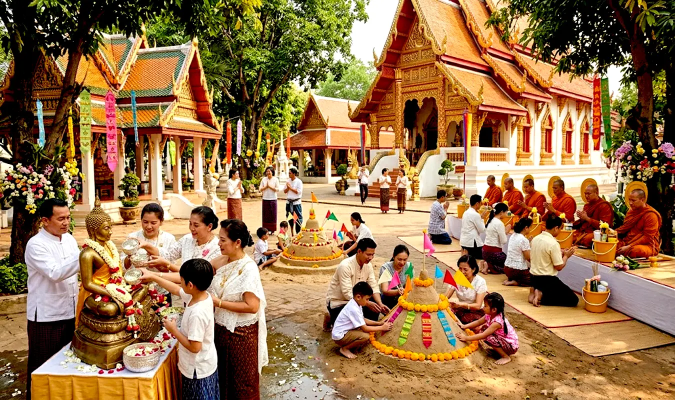 The merit-making activities at the temples during the Songkran Thai New Year.