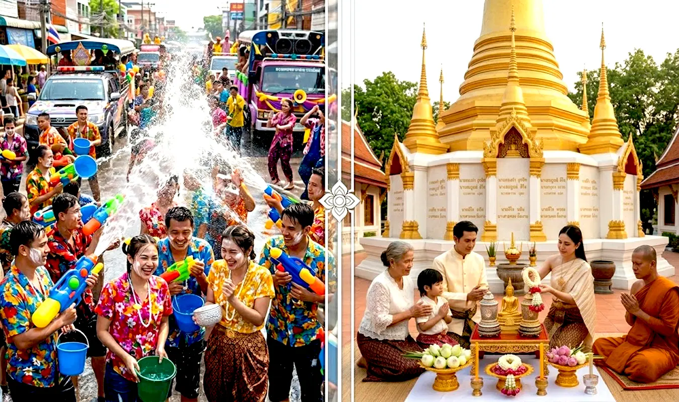 The dual nature of Songkran: modern water-splashing celebrations contrasted with the serene ritual of honoring ancestral remains at the temple.