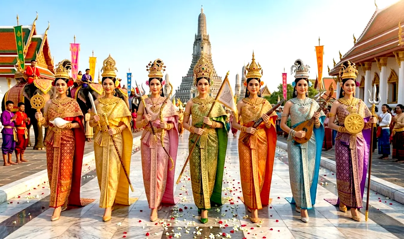 The seven Songkran Goddesses, in exquisite traditional Thai attire, holding symbolic weapons, are inspired by historical inscriptions at Wat Pho.