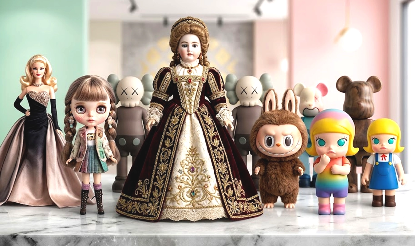 A pensive collection of collectible figures on marble, showcasing the gentle touch and psychological healing aspect of contemporary Bencharong memorial urns.