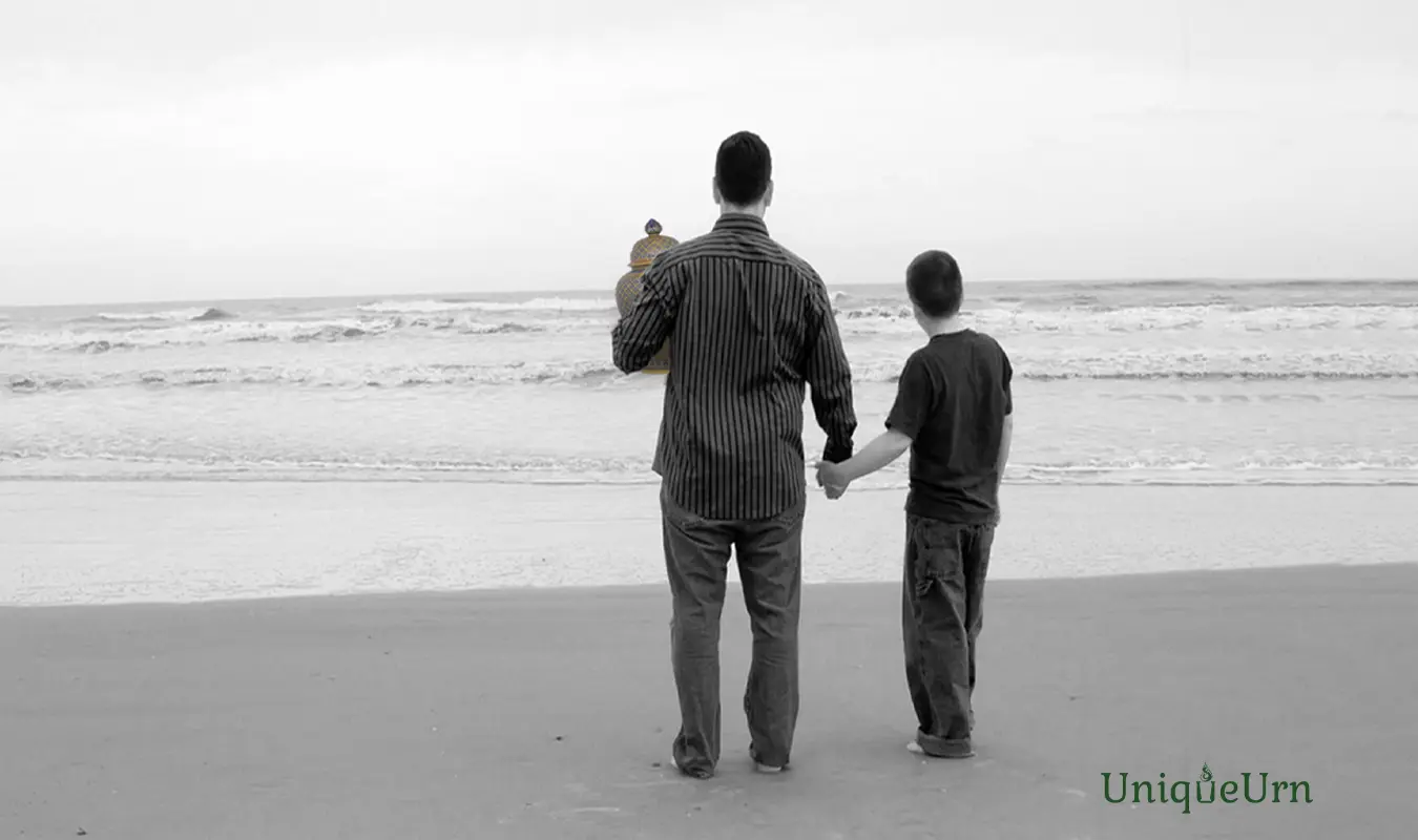 Dad & Son stand in front of the sea: UniqueUrn hand-painted Bencharong art of 14” Thoplue urn for sahes for healing young hearts after loss and gratitude.