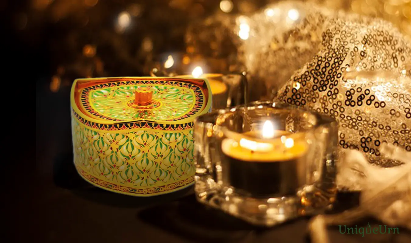 Hand-painted symmetrical Thai art motifs Bencharong triangle keepsake urn for ashes, providing comfort to grieving children.