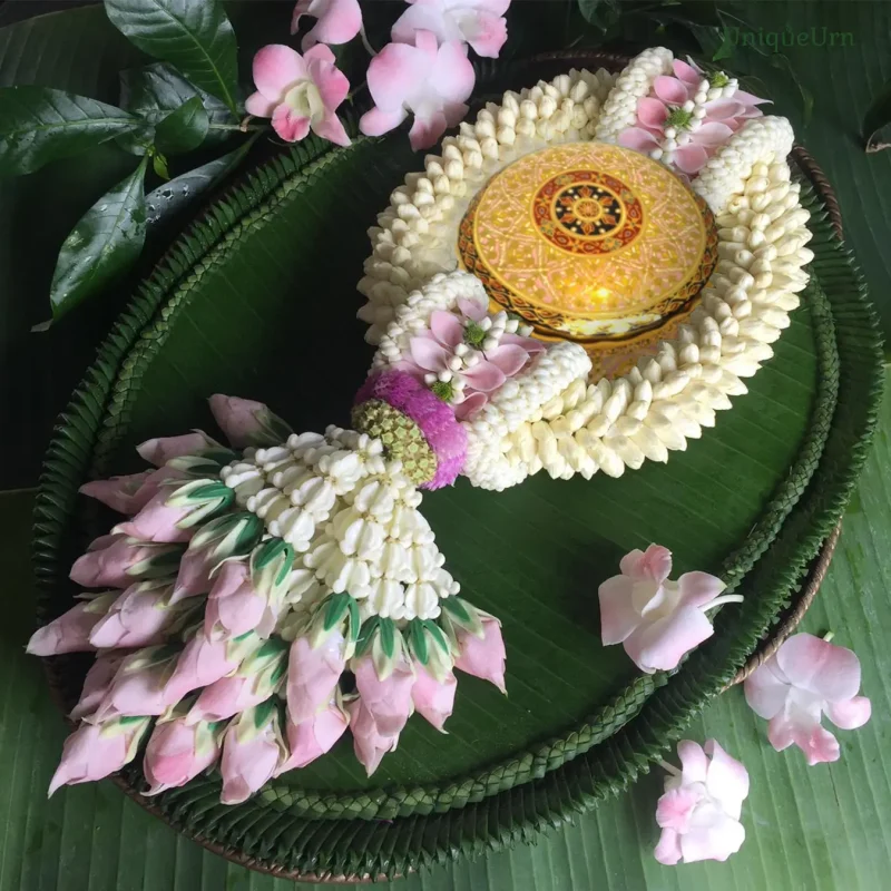 UniqueUrn handmade Benjarong art of a Round Box of Keepsake Urn for ashes, for healing young hearts after loss and expressing gratitude.