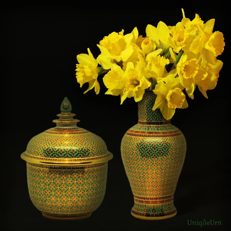 Hand-painted intricate patterns on a UniqueUrn Bencharong urn and vase, emphasizing the rare human touch and 100% handcrafted Eastern philosophy