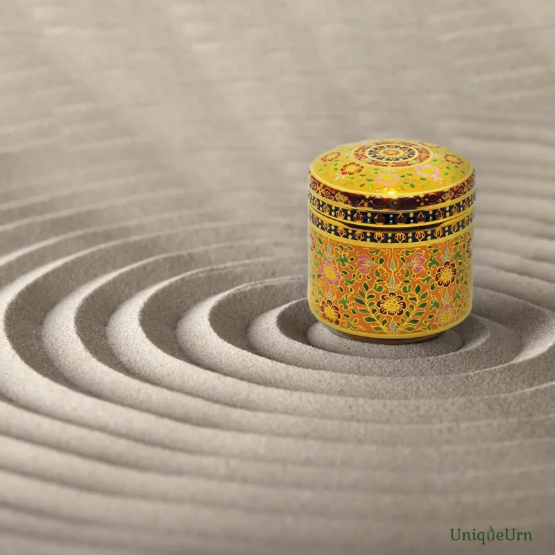 Exquisite Bencharong art cylinder porcelain keepsake urn for ashes in orange & pink with gold Dokkawi pattern representing modern memorial art urn.