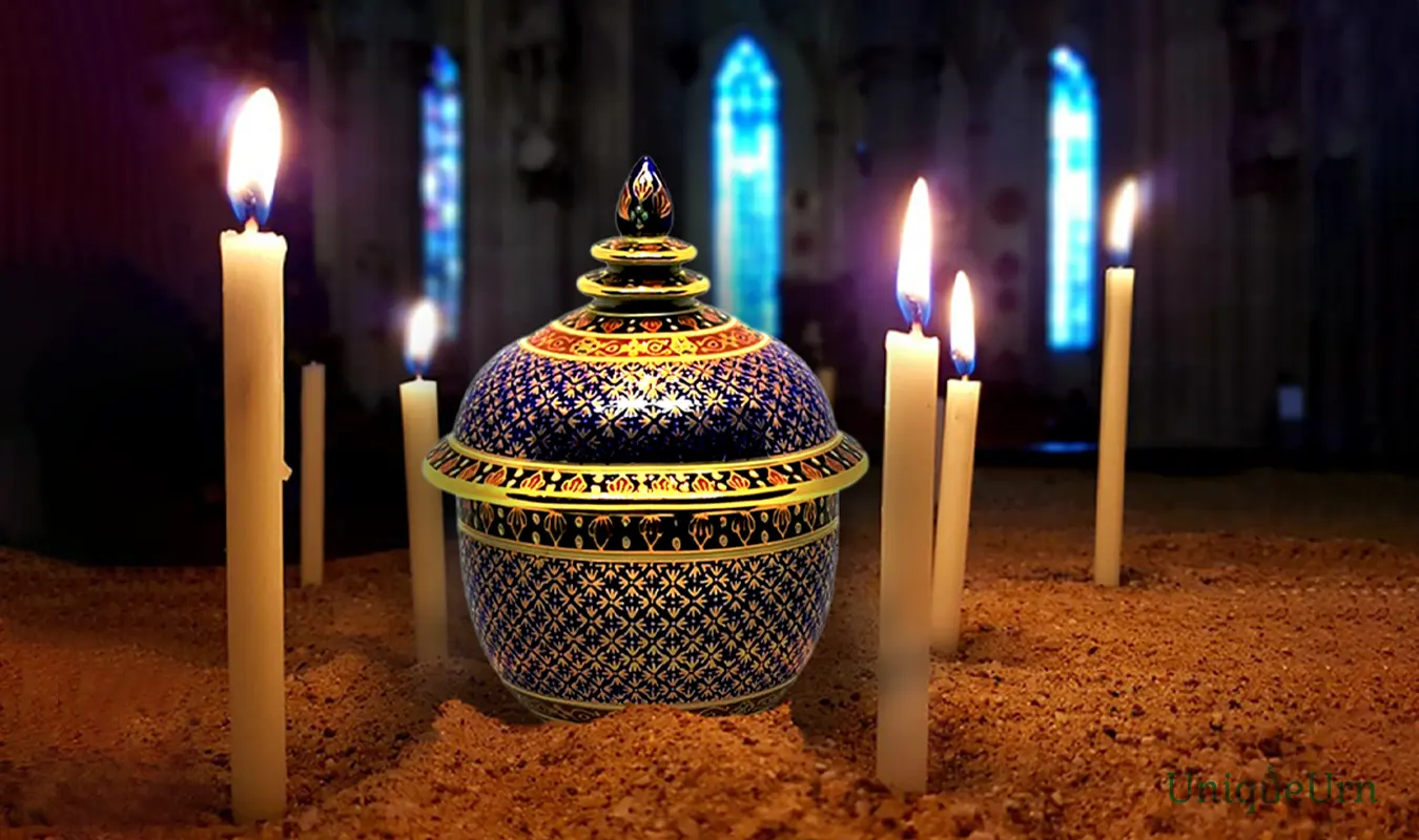 Votive light and Hand-painted tactile embossed gold patterns on Bencharong 3” Thochan keepsake urn for child grief support.