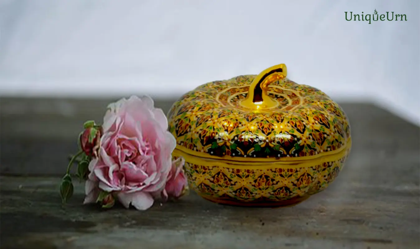Handcrafted, symmetrical Thai art motifs adorn the Bencharongart of 4” Pumpkin keepsake urn, providing comfort to grieving children.