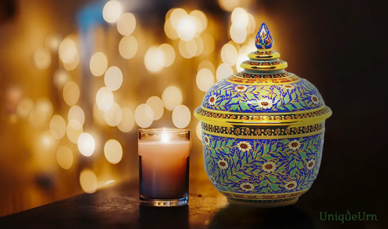 Votive candle and lighting with Hand-painted tactile embossed gold patterns on Bencharong 4” Thochan urn for child grief support.