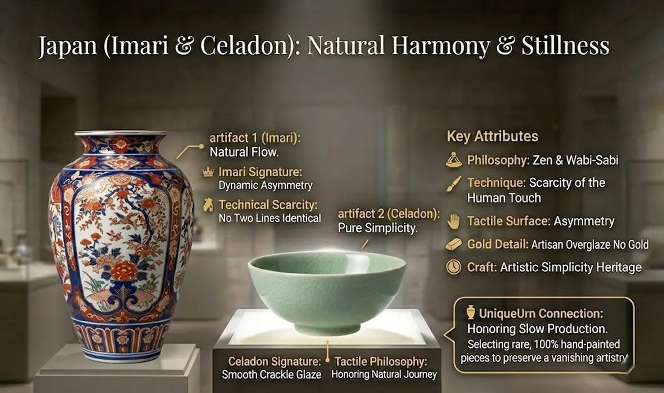 Eastern porcelain of Imari (Japan) and Celadon offers a different perspective—one rooted in Zen philosophy and the quiet beauty of nature