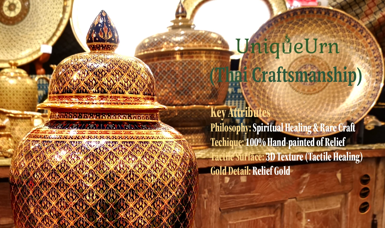 Hand-painted luxury Thai Bencharong porcelain junger jar urn by UniqueUrn, a world-class masterpiece combining European precision with Thai master-artisan craftsmanship