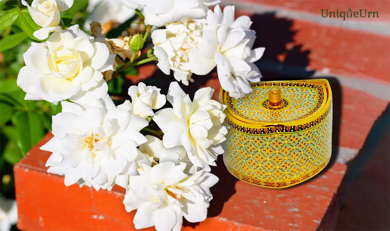 Exquisite Bencharong art Triangle Bone China keepsake urn for ashes in pastel green & gold Pikul pattern representing modern contemporary memorial art.
