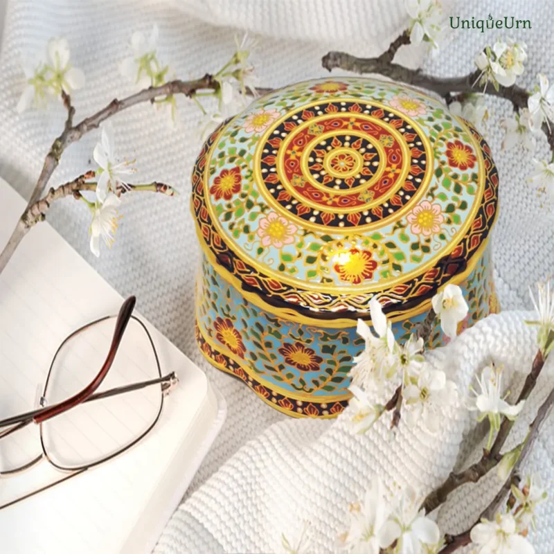 Exquisite hand-painted Bencharong memorial keepsake urn by UniqueUrn, serving as a tactile compass for healing and eternal connection through artisan craftsmanship.