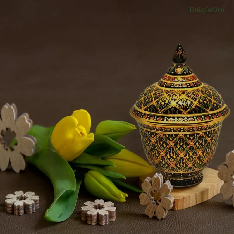 UniqueUrn handmade Bencharong art of 5” Thoprayakru keepsake urn for healing young hearts after loss.