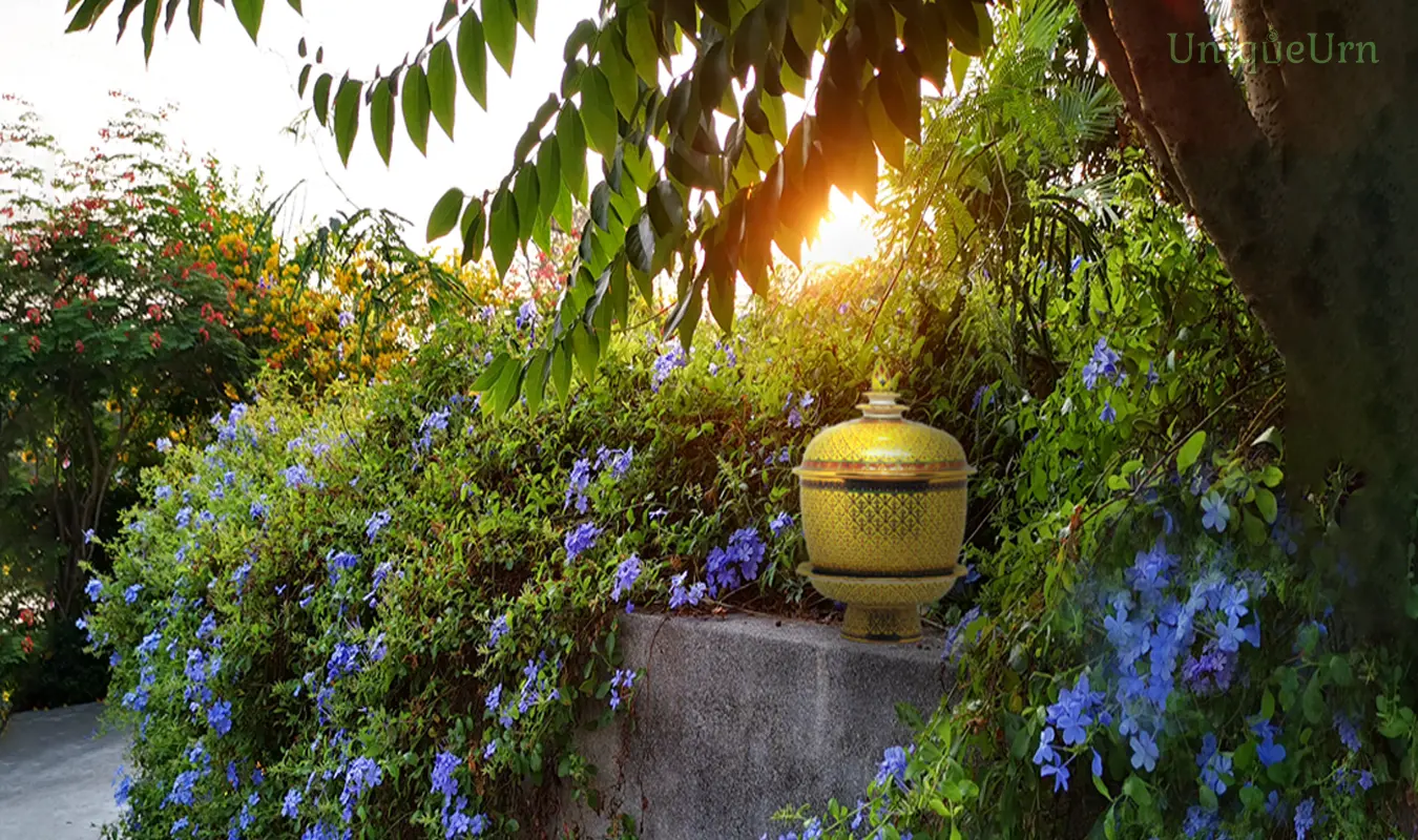 UniqurUrn’s memorial Art of handmade Bencharong Thochan urn and a stem plate as a symbolic bridge for healing grief and continuing bonds.
