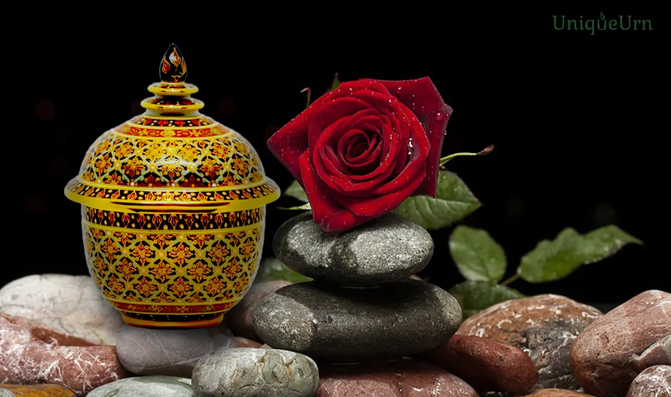 Handcrafted symmetrical Thai art motifs of Bencharong keepsake urn for ashes, providing comfort to grieving children.