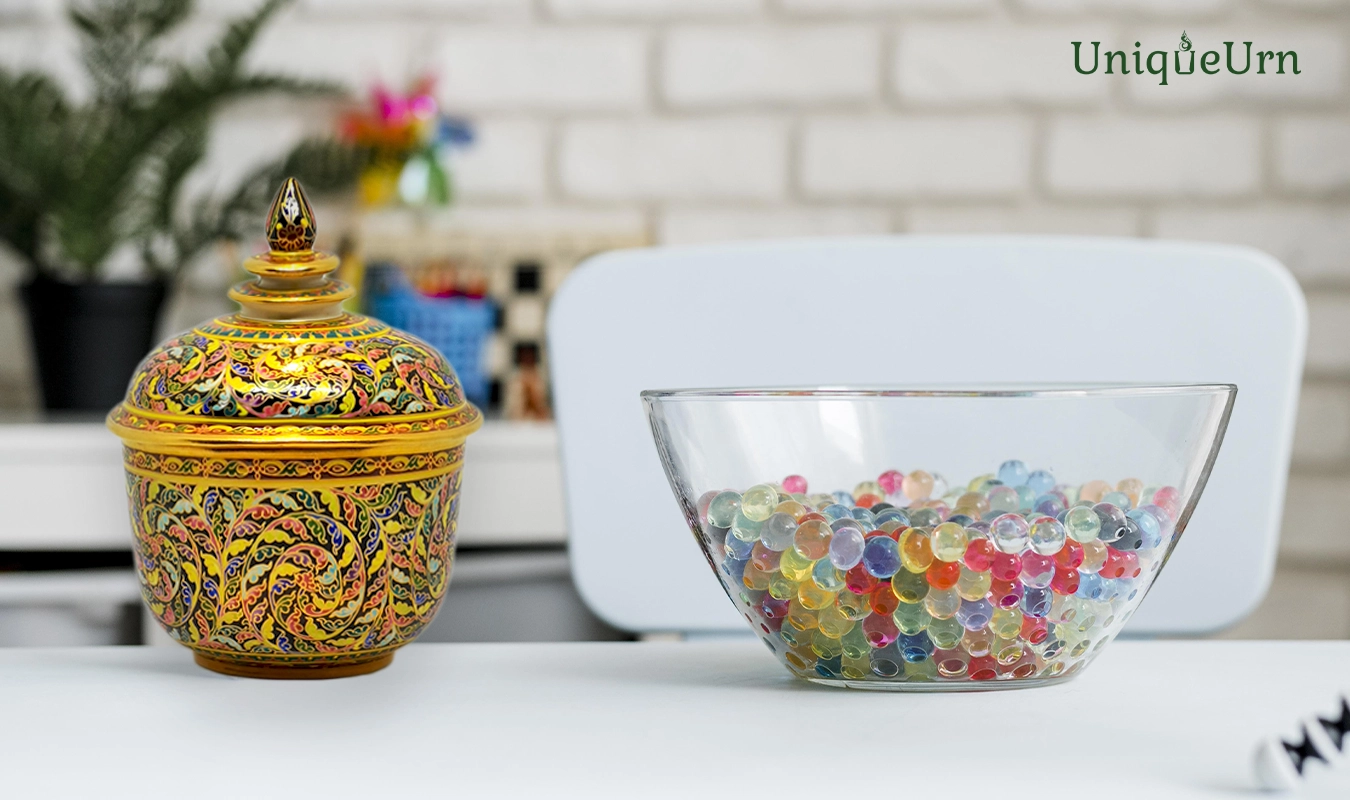 Exquisite Thai Thochan shape handcrafted Bencharong memorial urn by UniqueUrn, serving as a tactile compass for healing and eternal connection through artisan craftsmanship.