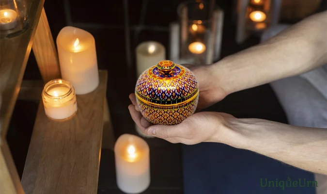 Exquisite hand-painted Bencharong memorial urn by UniqueUrn, serving as a tactile compass for healing and eternal connection through artisan craftsmanship.