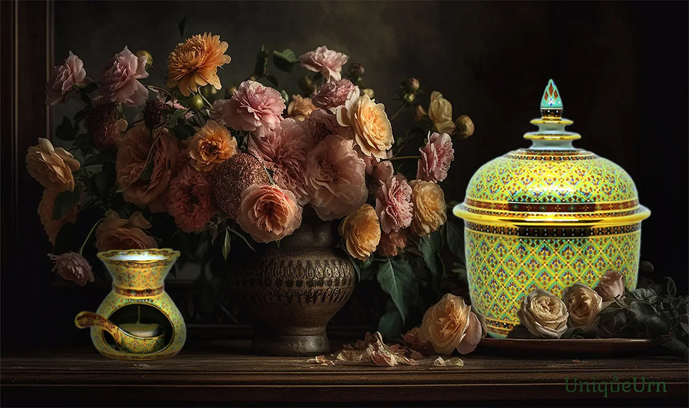 Custom color palette cremation art urn and oil burner by UniqueUrn surrounded with pink flowers, delivering complete emotional validation and luxury visual comfort.