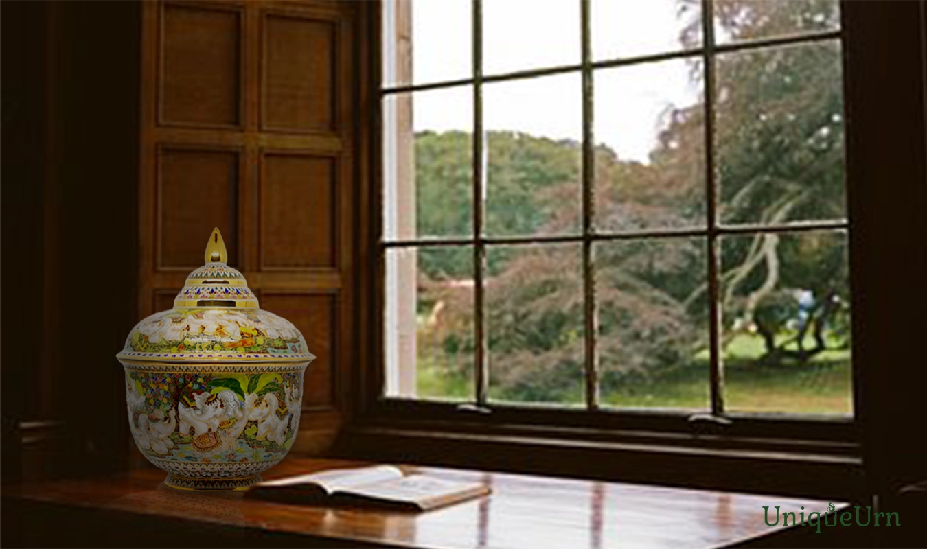Exquisite Thoprayakru shape hand-painted Bencharong cremation urn by UniqueUrn, serving as a tactile compass for healing and eternal connection through artisan craftsmanship.