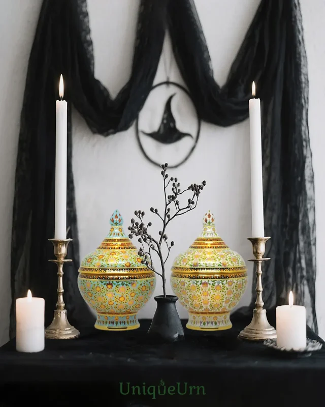 Custom color palette cremation art urns by UniqueUrn sit on the memorial corner, delivering complete emotional validation and luxury visual comfort.