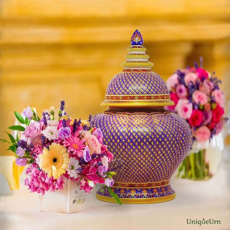 A curated selection of luxury memorial urns for ashes in different materials, featuring a standout handmade Thai Bencharong art elegant urn with gold relief, symbolizing the ultimate choice in eternal craftsmanship.