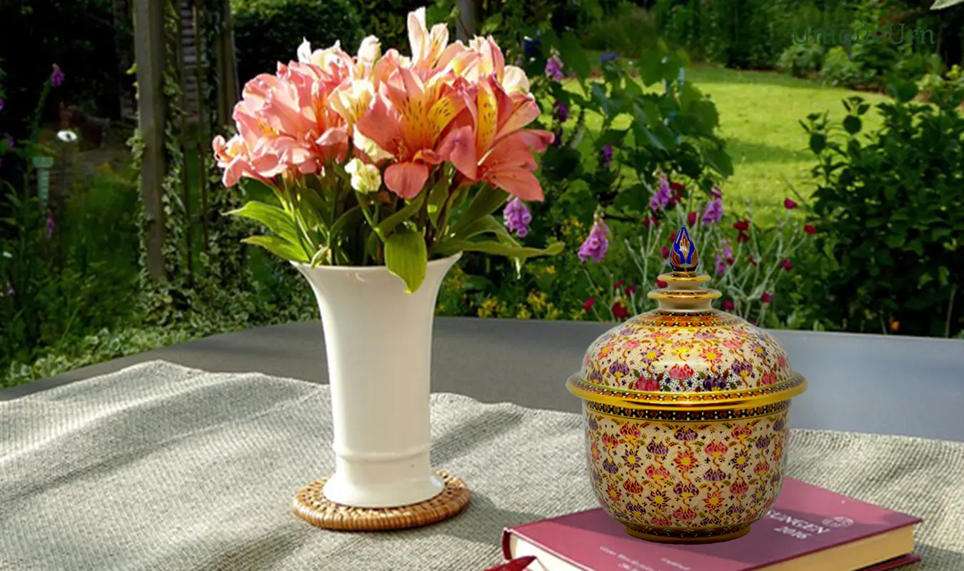 A curated selection of elegant cremation urns for ashes in different materials, featuring a standout hand-painted Thai Bencharong art urn with gold relief, symbolizing the ultimate choice in eternal craftsmanship.