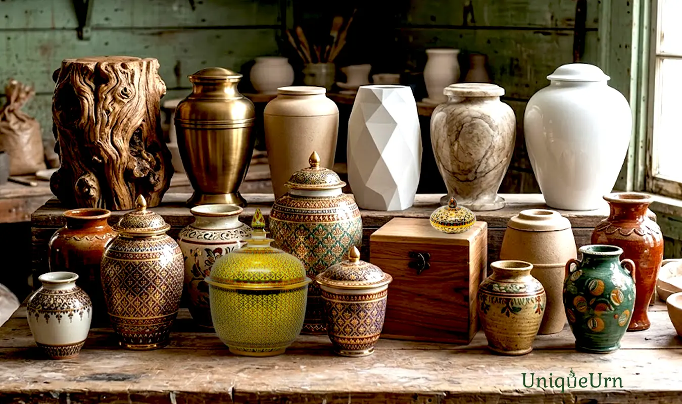 A curated selection of cremation urns in different materials, featuring a standout handcrafted Thai Bencharong art, elegant porcelain urns for ashes with gold relief, symbolizing the ultimate choice in eternal craftsmanship.