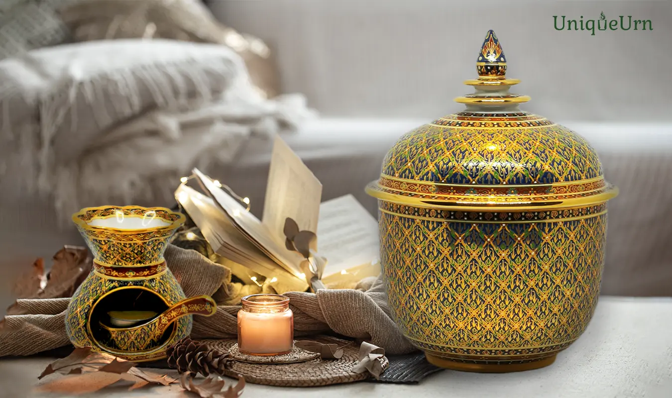 A curated selection of luxury memorial urns for ashes in different materials, featuring a standout handcrafted Thai Bencharong art cremation urn with gold relief, symbolizing the ultimate choice in eternal craftsmanship.