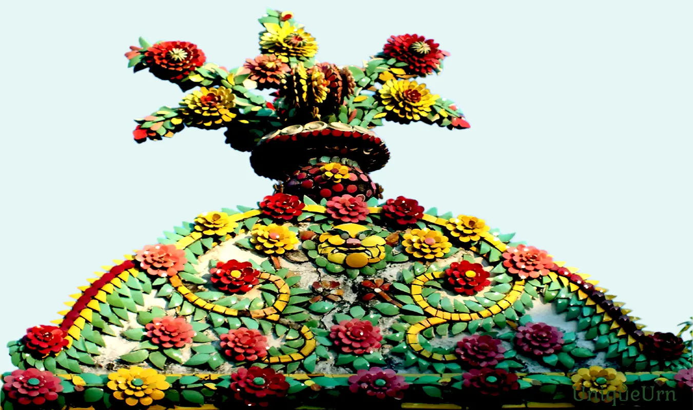 The decoration looks like porcelain flower vases inspired by the Baroque Trophy style of a fusion of Thai-Chinese and Western art styles.