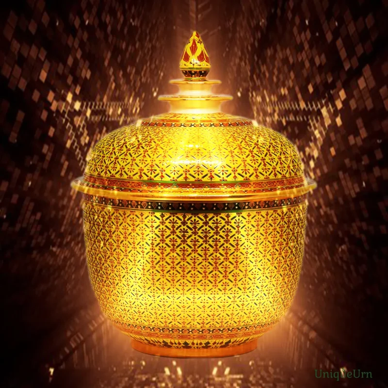 Image of a glowing, ethereal cosmic web (Indra’s Net) merging into the intricate gold patterns of a handcrafted Thochan Bencharong Urn for ashes, symbolizing the bridge between science and art.