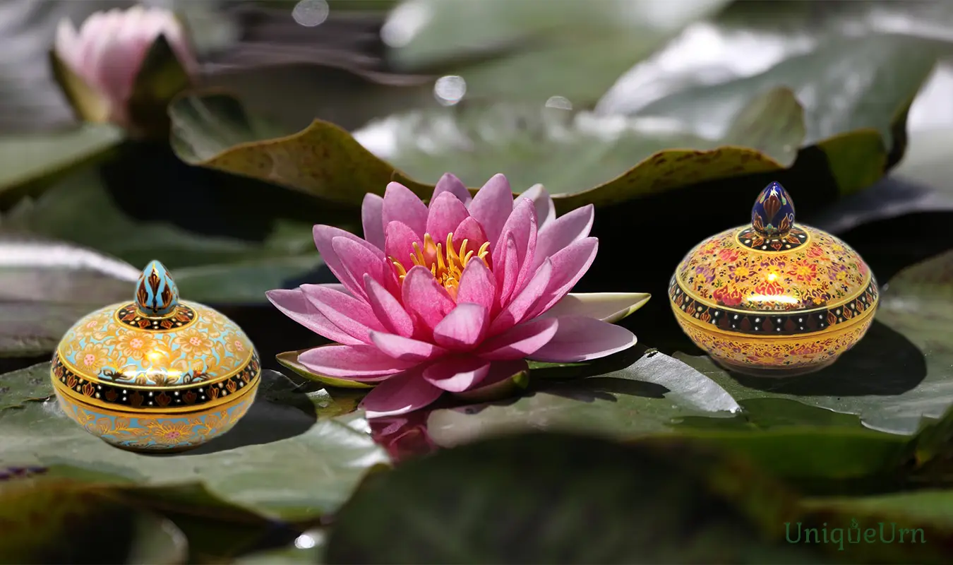 Healing Through Vibration of peace from hand-painted Bencharong Tholukjan keepsake urns for ashes.
