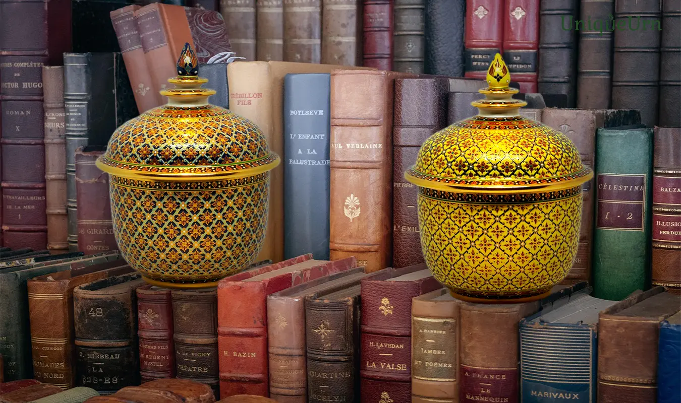 The Thochan handcrafted Bencharong Urns in Dark Blue and Yellow colors are inspired by the Thai Royal Temple palette display on the old textbook shelf.