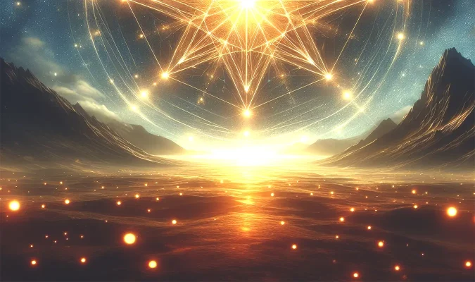 Image of a glowing Quantum connection, cosmic web (Indra’s Net) merging into the intricate golden eternal.