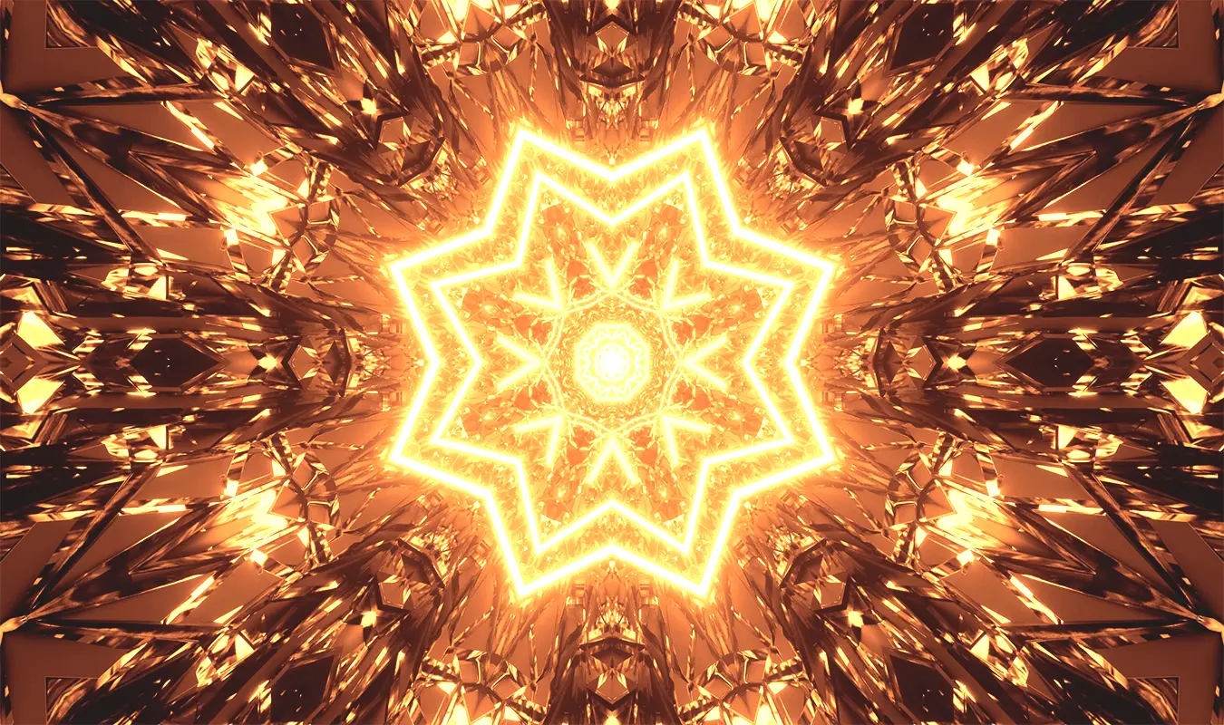 Image of a glowing Quantum connection, cosmic web (Indra’s Net) merging into the intricate golden eternal.