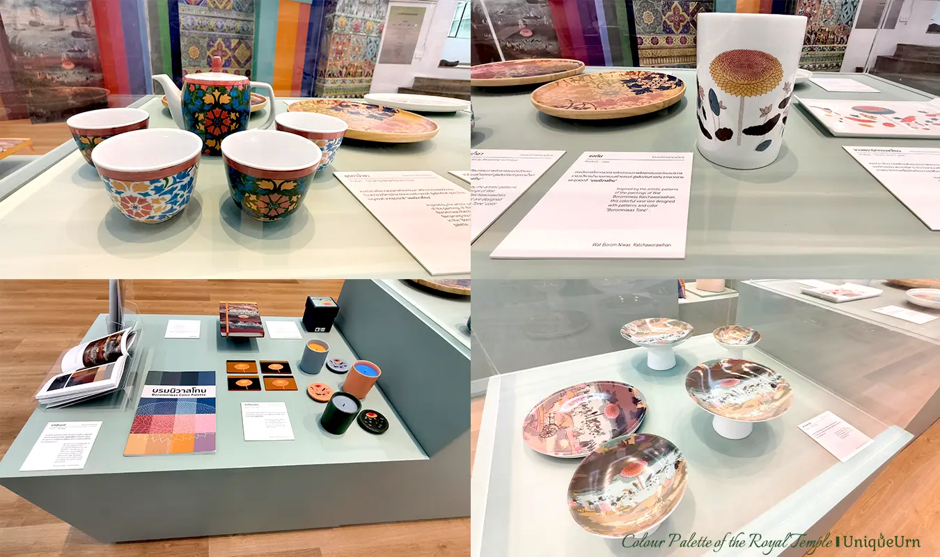 The colors and patterns from Boromniwas temple are used to inspire the design of products such as water bottles, teapot and cup sets, trays, plates, business card holders, and scented candle boxes.