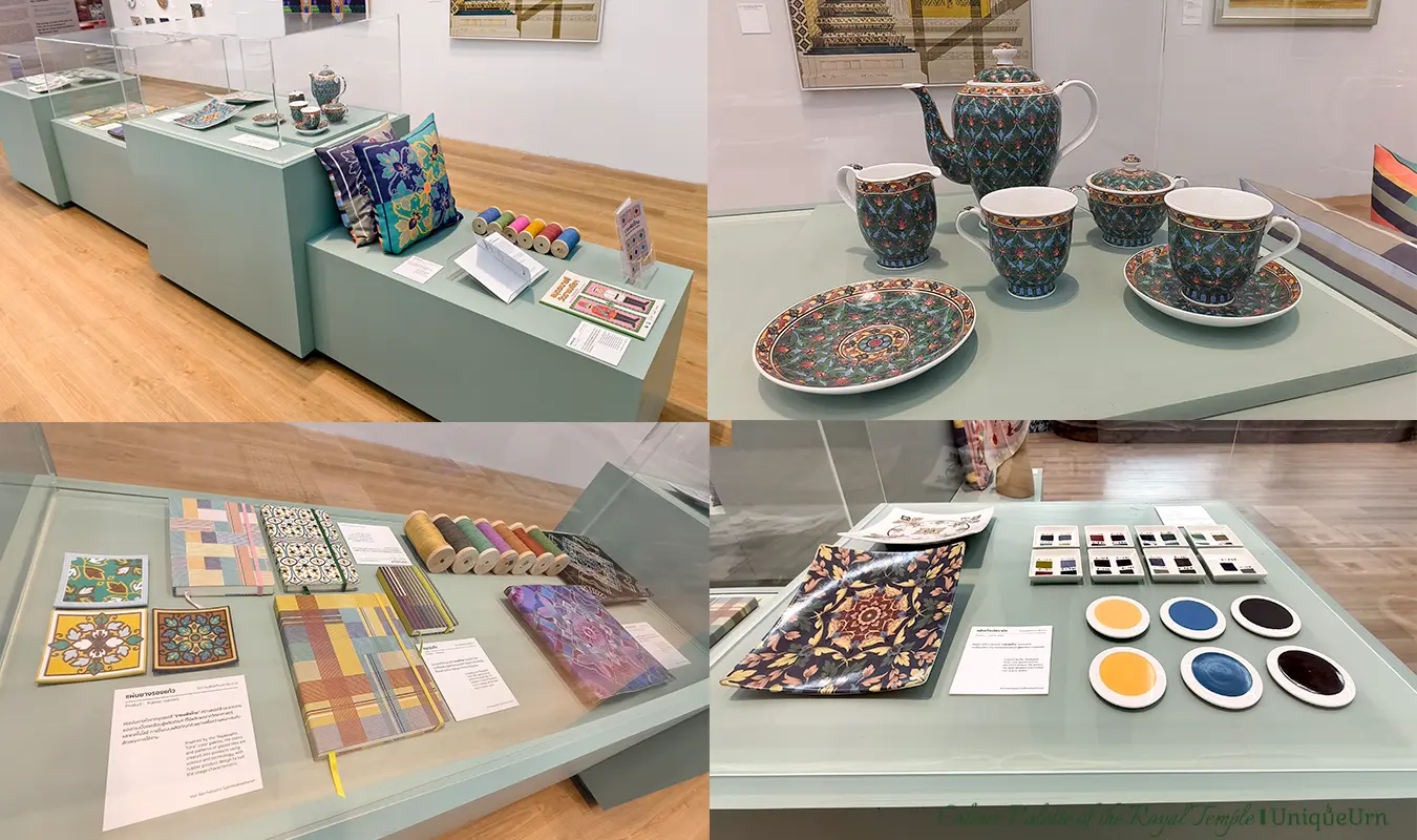 The colors and patterns from the Ratchabophit temple are used as inspiration for the design on products such as coffee mug and cup sets, book covers, coasters, pillowcases.