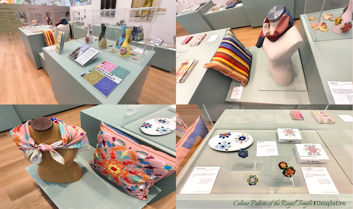 The colors and patterns from Phra Chetupon temple are used as inspiration for designs on products such as vases, scarves, utensils, plates, coloring books, pillowcases.